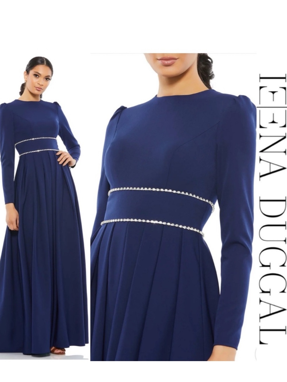 Mac Duggal x Ieena navy Crewneck Long-Sleeve Maxi Gown rhinestone A-line 14 NWT